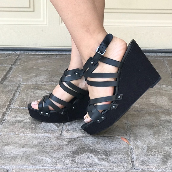 Black Studded Strappy Platform Wedge Sandal - Picture 2 of 6